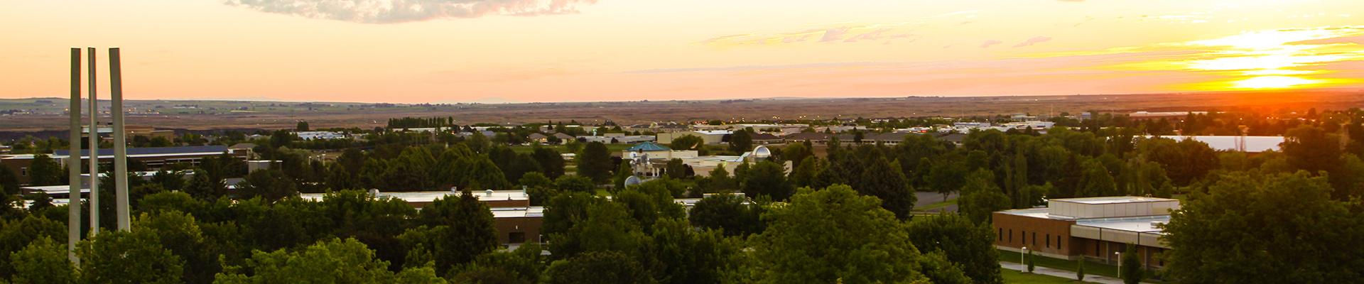 aerial image of campus at sunset